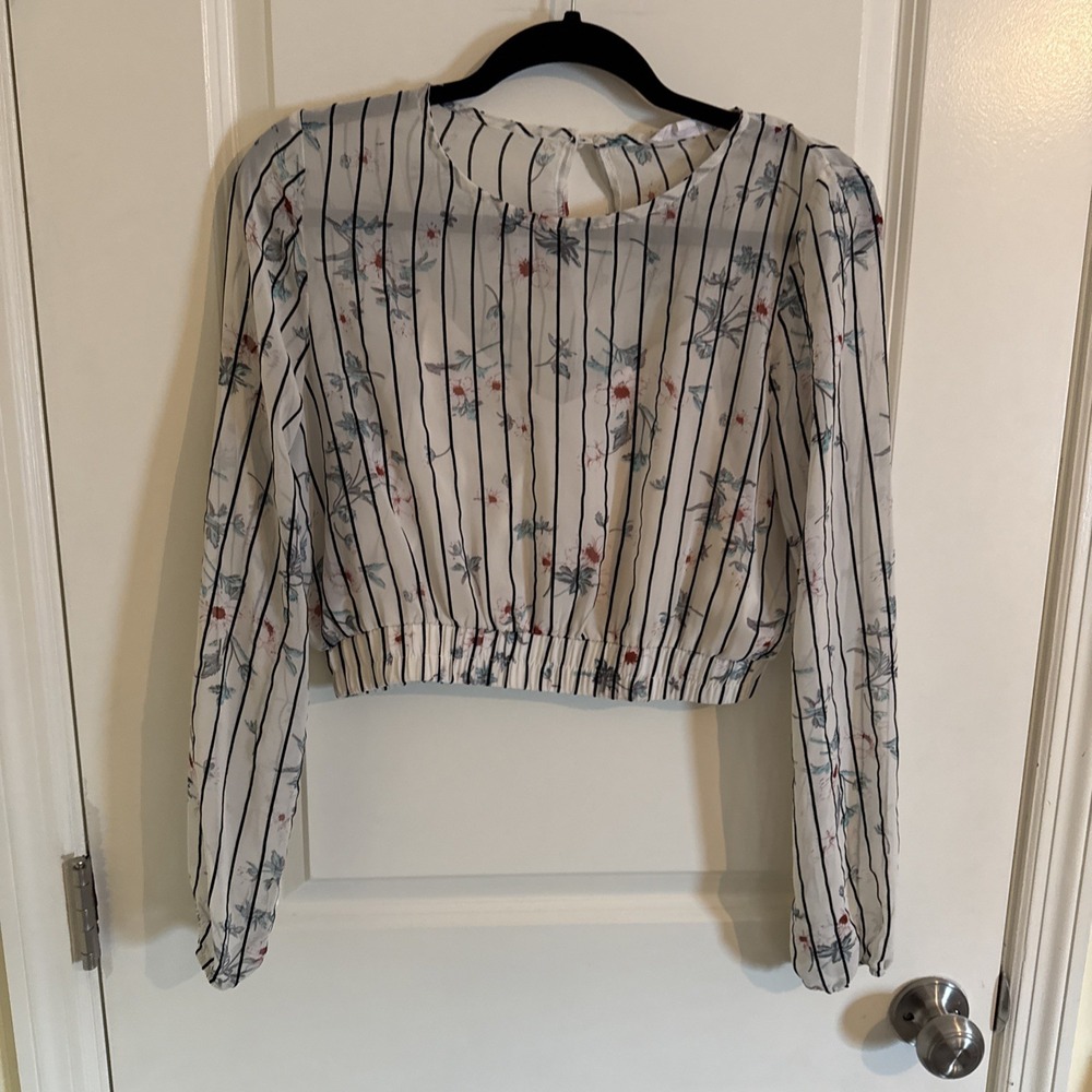 A'gaci Nude Sheer Cropped Floral Fairy Shirt Women's Medium Y2K Boho